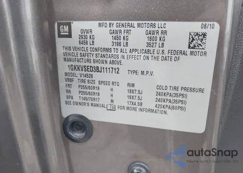 2011 GMC Acadia Slt-2 z USA, uszkodzony, nr VIN 1GKKVSED3BJ111712